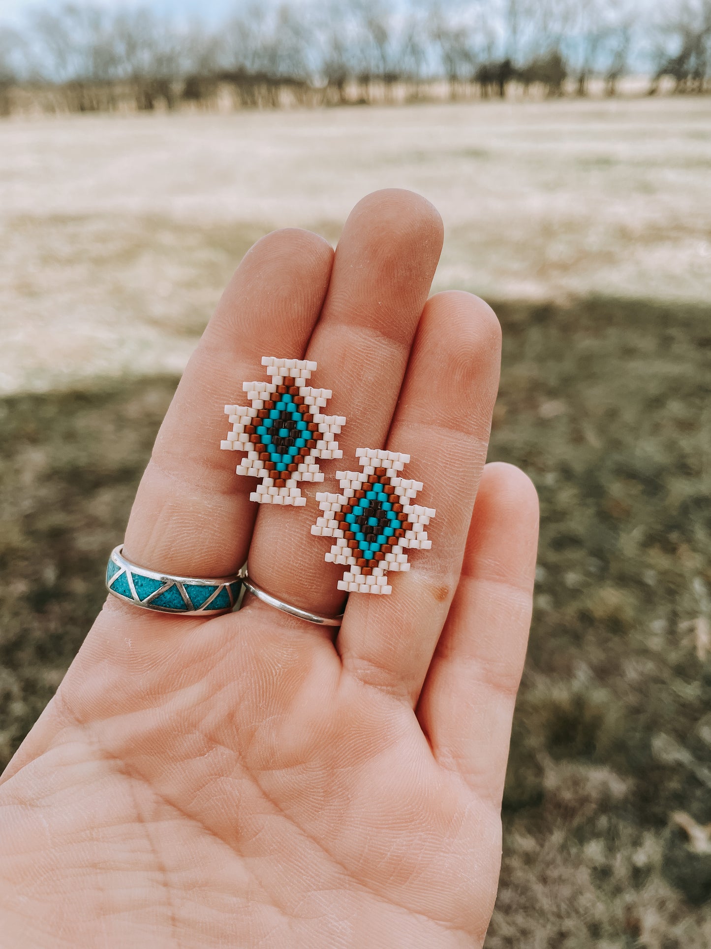 "June" Cream Geometric Beaded Stud Earrings