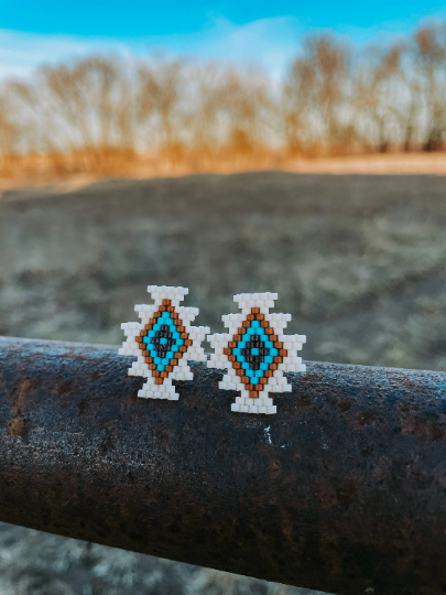 "June" Cream Geometric Beaded Stud Earrings