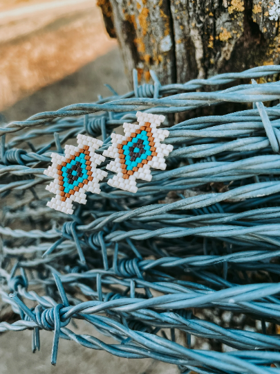 "June" Cream Geometric Beaded Stud Earrings