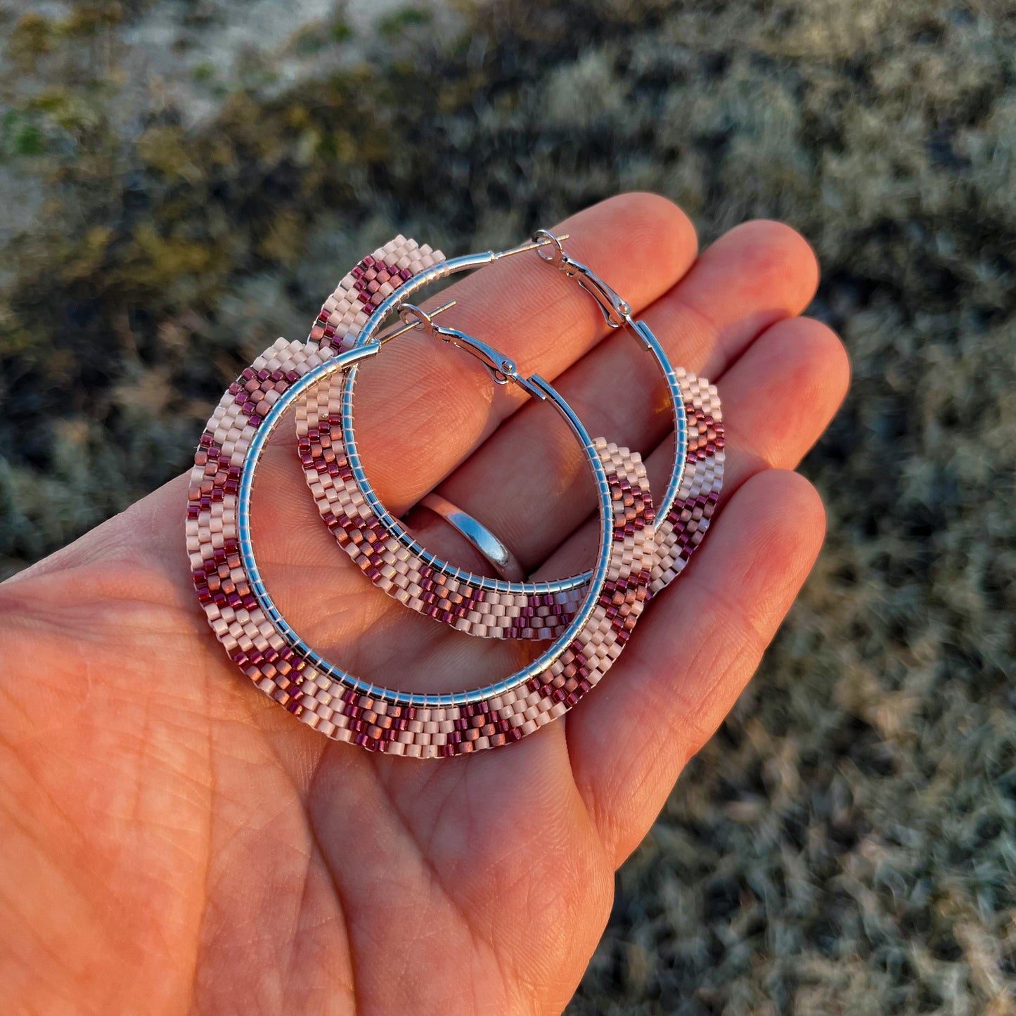 “Morgan” Neutral Pink Beaded Hoop Earrings