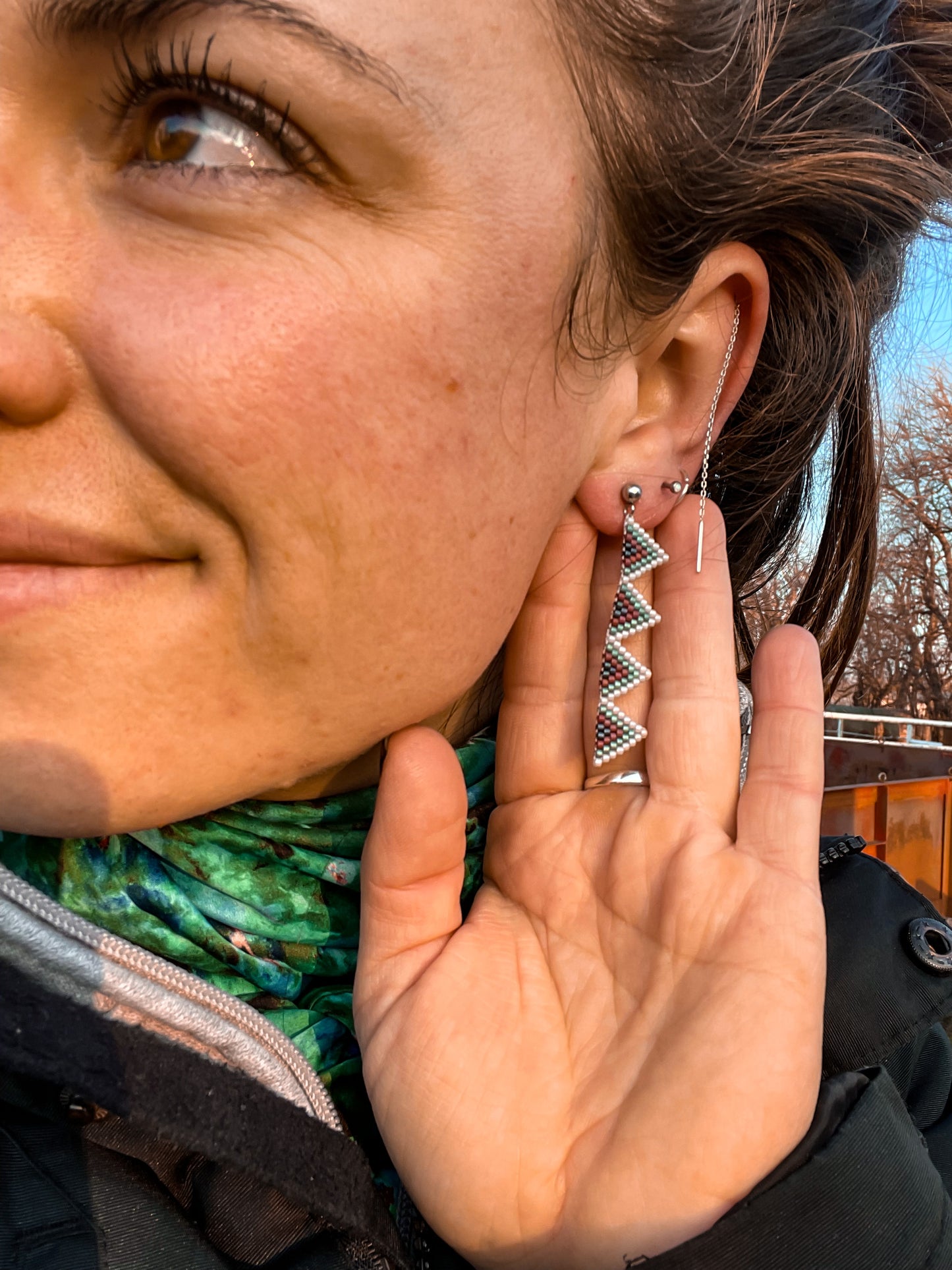 “Aubrie” Silver Long Triangle Beaded Earrings