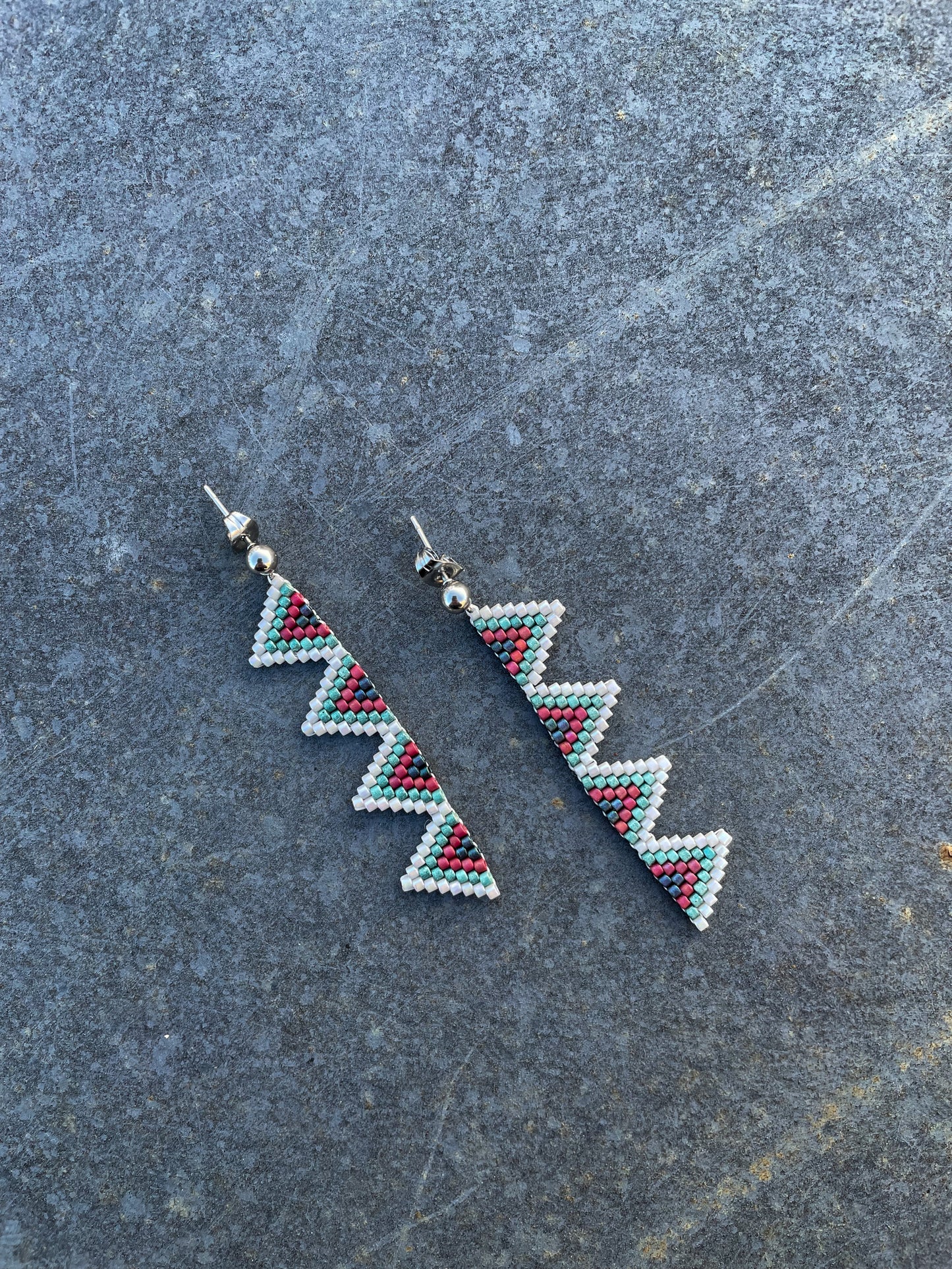“Aubrie” Silver Long Triangle Beaded Earrings
