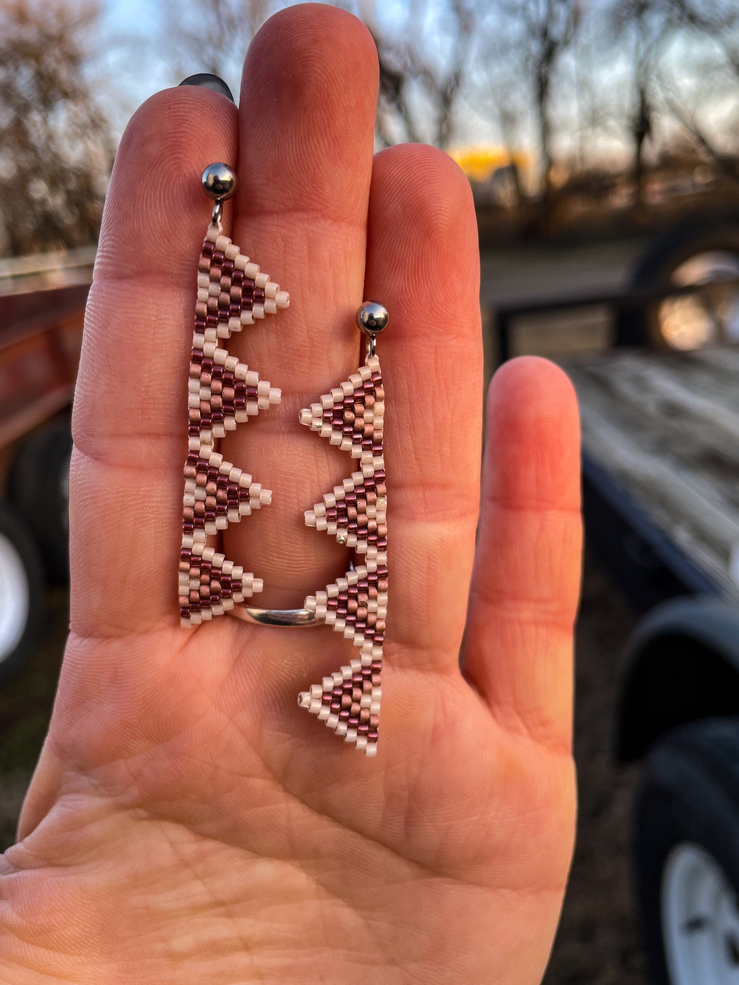 “Ashley” Neutral Pink Long Triangle Beaded Earrings