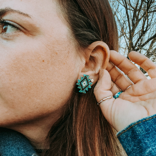 "Katy" Turquoise Geometric Beaded Stud Earrings