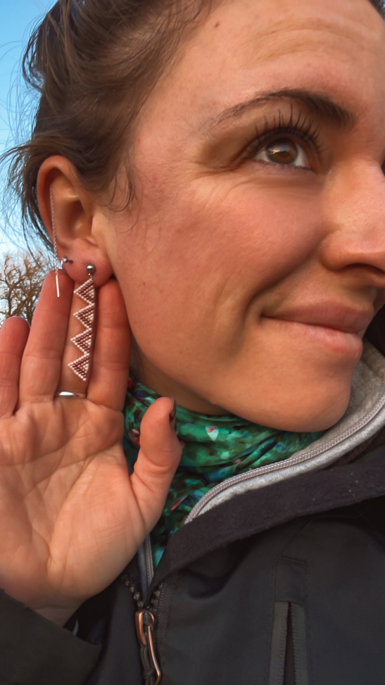 “Ashley” Neutral Pink Long Triangle Beaded Earrings