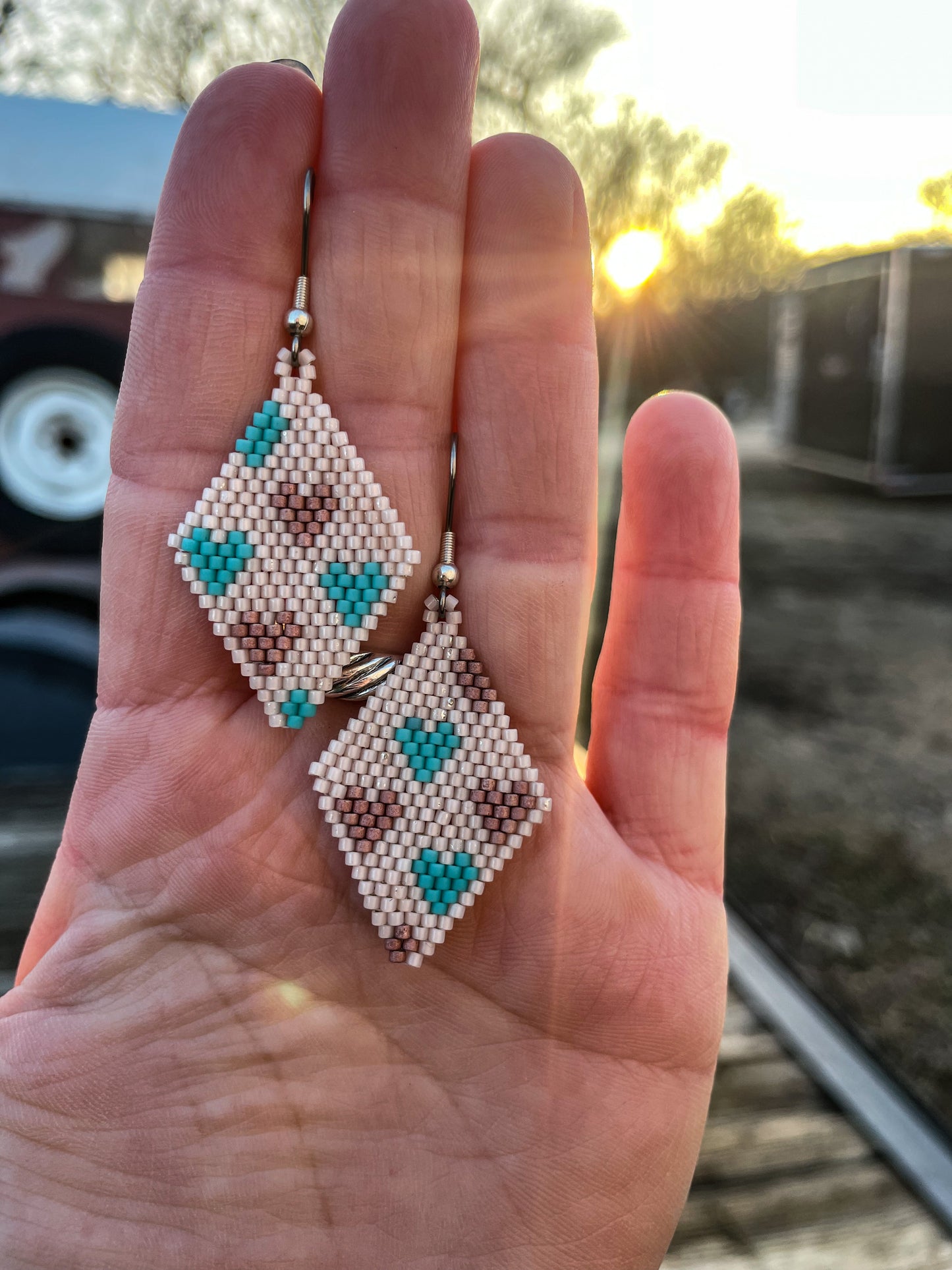 “Brooke” Pink and Turquoise Heart Beaded Earrings